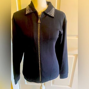 Distinct Black Small delicately embellished lightweight zip front sweatshirt.